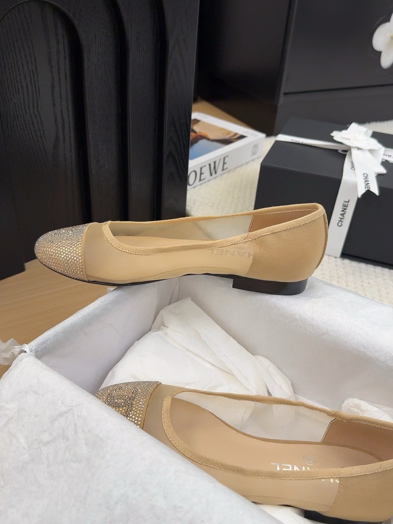 BALLET FLAT IN CAMEL BEIGE FABRIC AND MESH WITH CRYSTALS