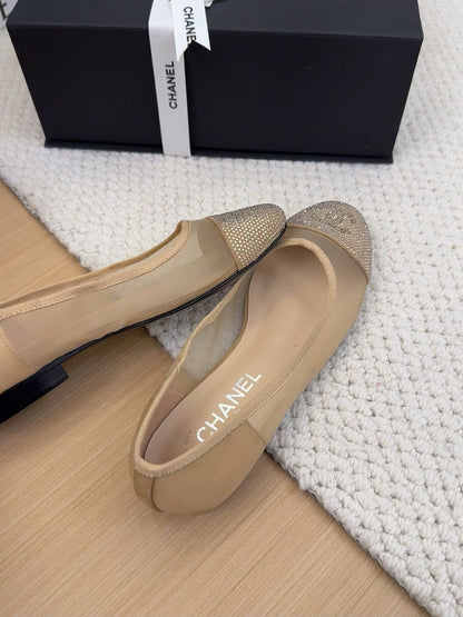 BALLET FLAT IN CAMEL BEIGE FABRIC AND MESH WITH CRYSTALS