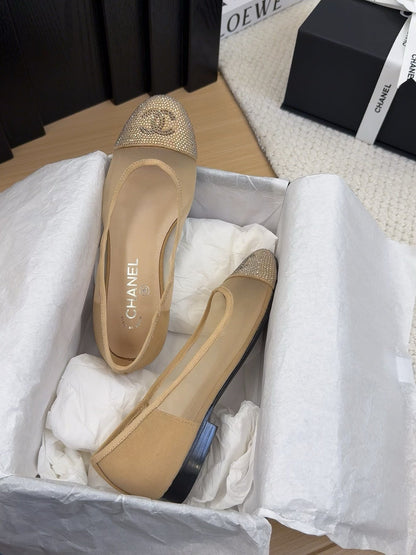 BALLET FLAT IN CAMEL BEIGE FABRIC AND MESH WITH CRYSTALS