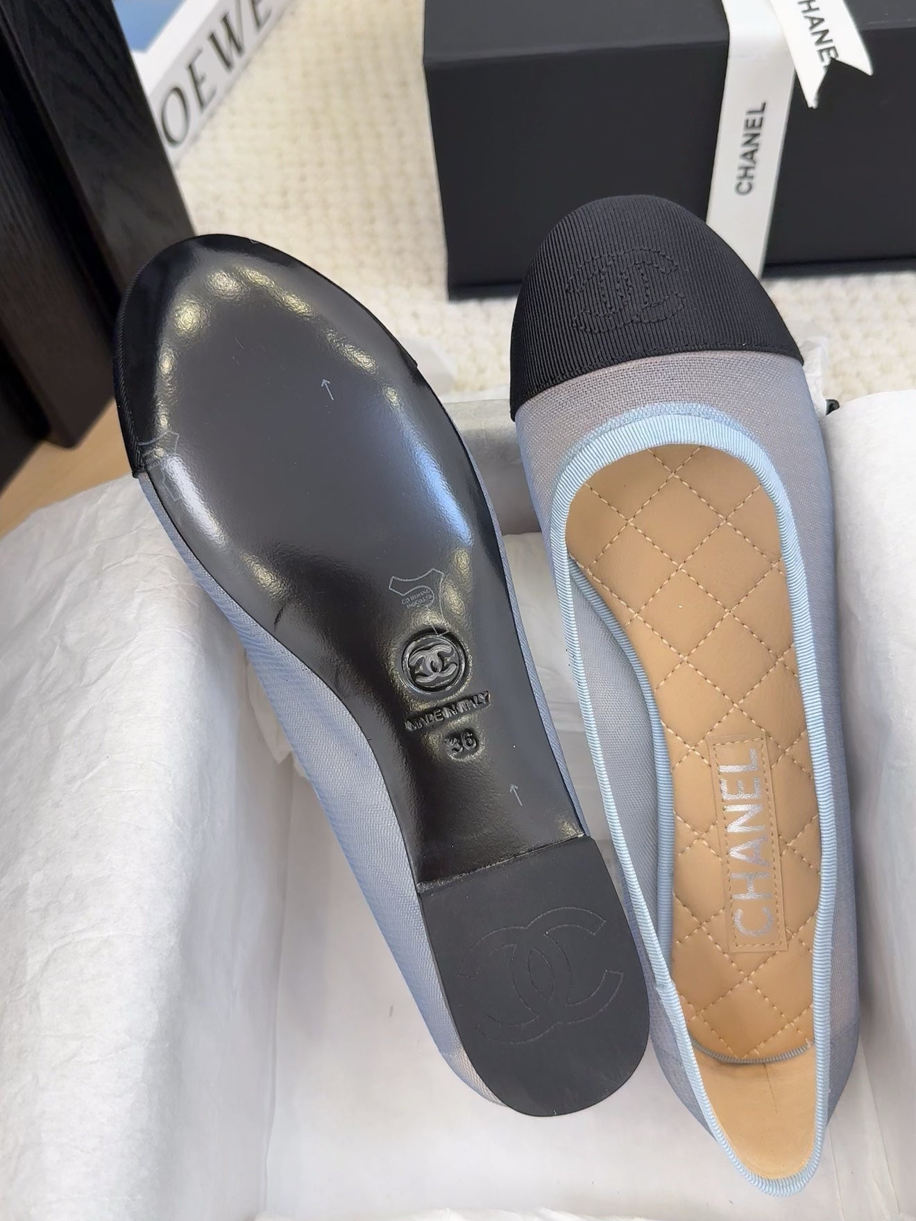 BALLET FLAT IN BLACK FABRIC AND BABY BLUE MESH