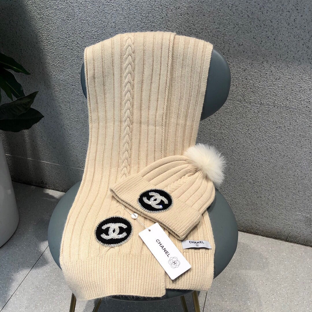 SET BEANIE HAT AND SCARF IN BISQUE BEIGE WOOL 424022