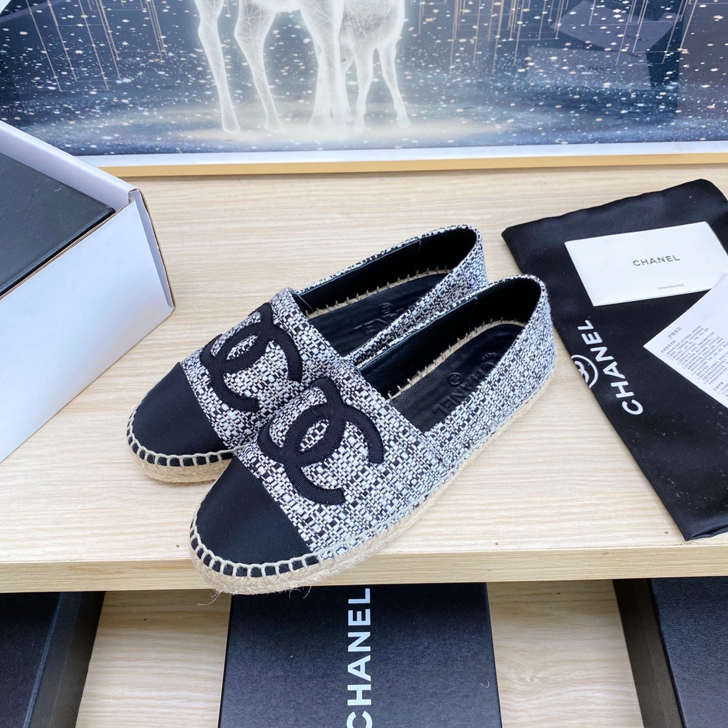 CC ESPADRILLES PLATFORM IN WHITE MIX BLACK TWEED