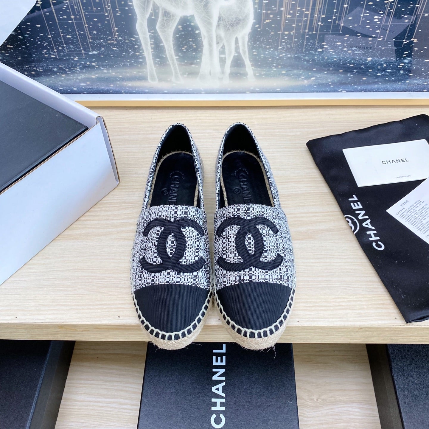 CC ESPADRILLES PLATFORM IN WHITE MIX BLACK TWEED