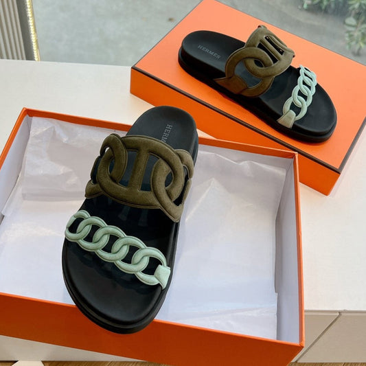 EXTRA SANDAL IN ARMY GREEN MIX ELECTRIC BLUE CALFSKIN