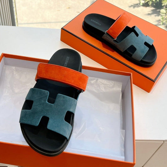 CHYPRE SANDAL IN TEAL GREEN MIX FIRE ORANGE SUEDE