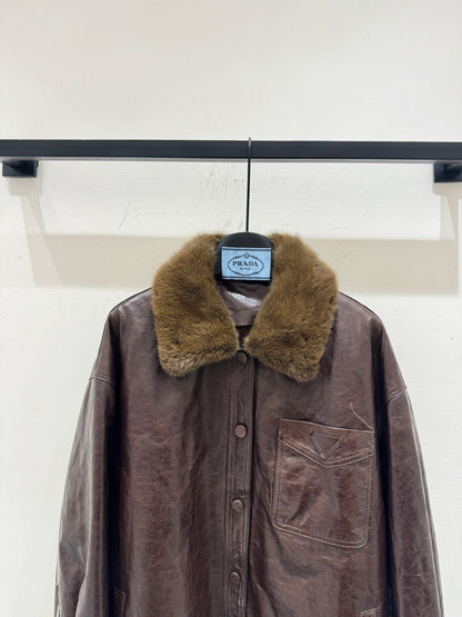 Prada Style Genuine Leather Goose Down Jacket with Fur Trim – Style 247