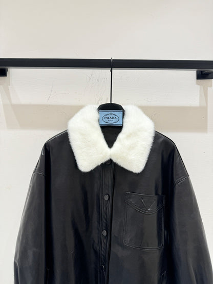 Prada Style Genuine Leather Goose Down Jacket with Fur Trim – Style 246