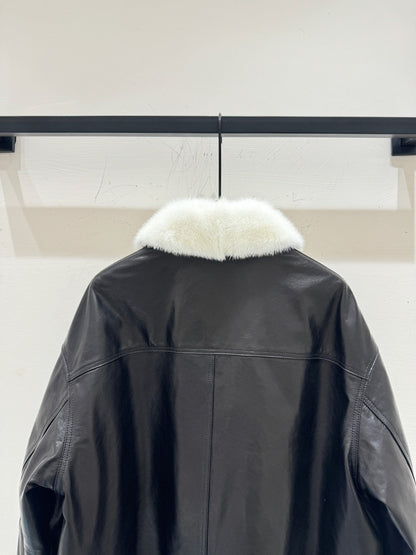 Prada Style Genuine Leather Goose Down Jacket with Fur Trim – Style 246