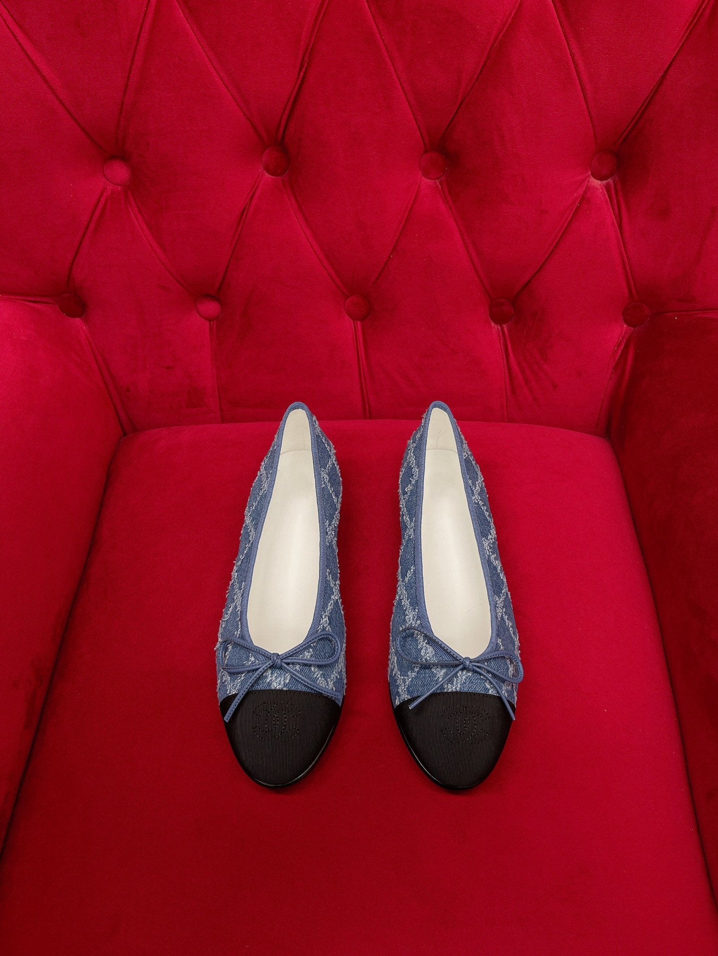 ballet flat blue black denim grosgrain