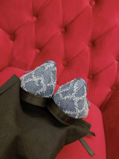 ballet flat blue black denim grosgrain