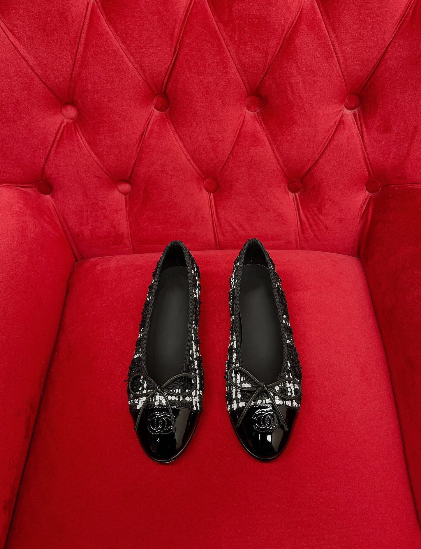 ballet flat black white tweed lambskin