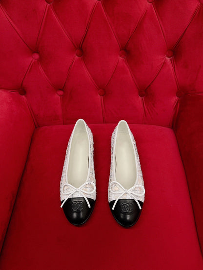 ballet flat white black tweed lambskin