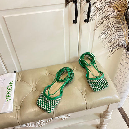 LACE-UP FLAT SANDAL IN COOL GREEN METALLIZED MESH AND LEATHER WITH RHINSTONES