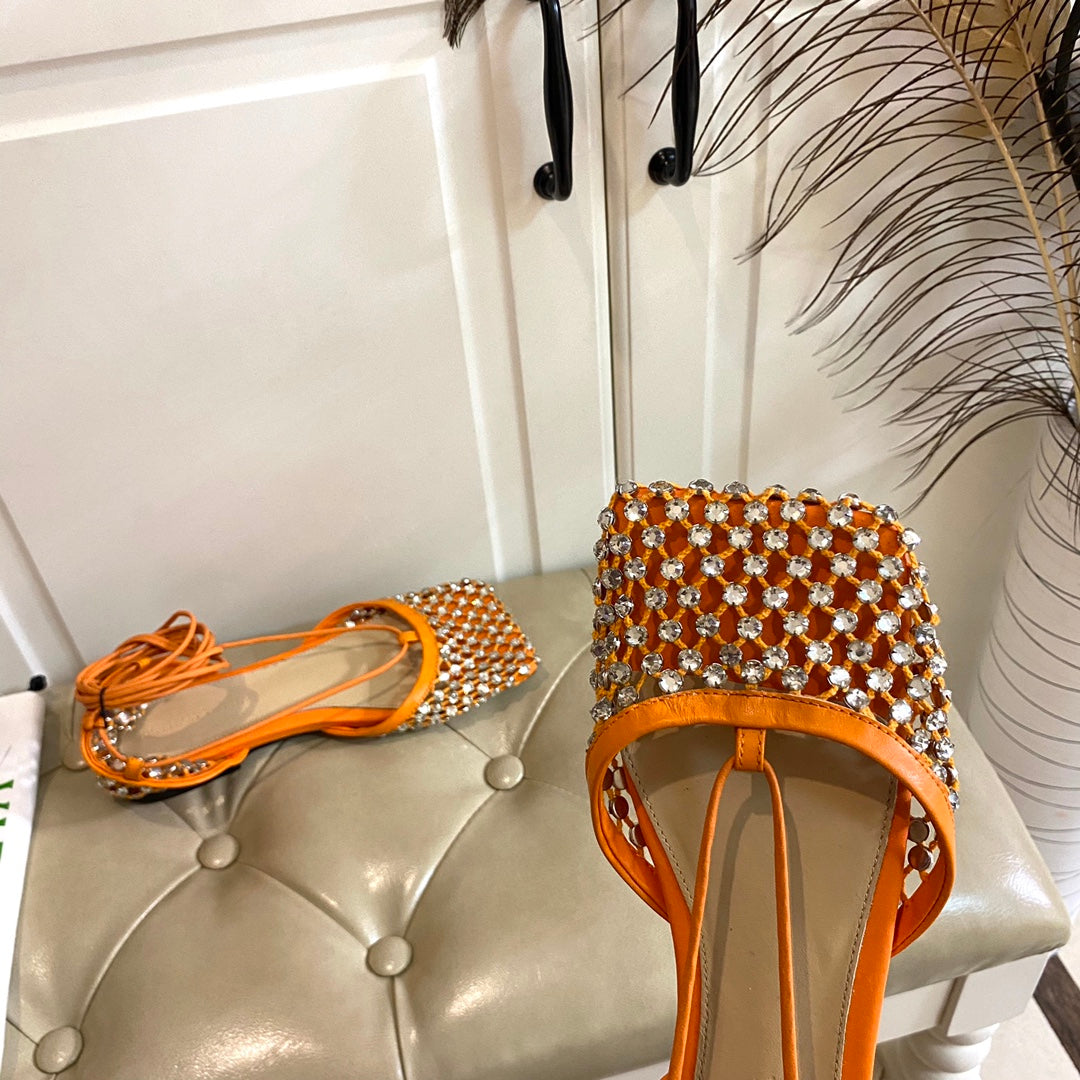 LACE-UP FLAT SANDAL IN VIVID ORANGE METALLIZED MESH AND LEATHER WITH RHINSTONES