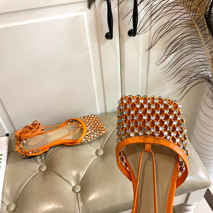 LACE-UP FLAT SANDAL IN VIVID ORANGE METALLIZED MESH AND LEATHER WITH RHINSTONES