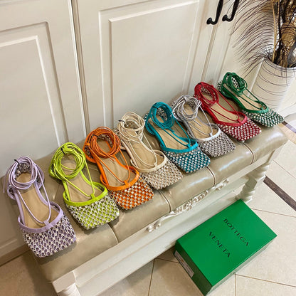 LACE-UP FLAT SANDAL IN VIVID ORANGE METALLIZED MESH AND LEATHER WITH RHINSTONES