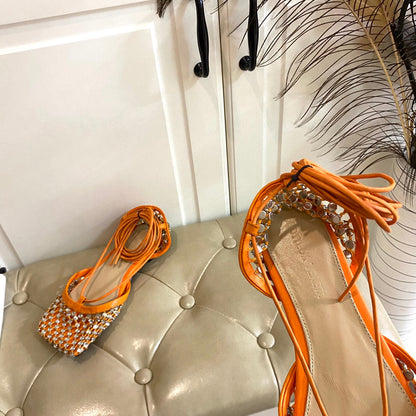 LACE-UP FLAT SANDAL IN VIVID ORANGE METALLIZED MESH AND LEATHER WITH RHINSTONES