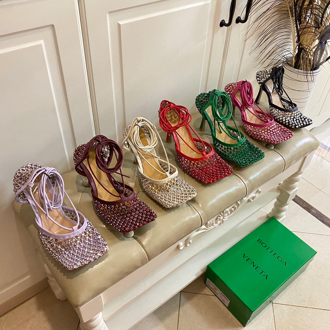 LACE-UP SANDAL IN CRIMSON RED METALLIZED MESH AND LEATHER WITH RHINSTONES 9 CM