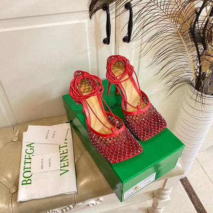 LACE-UP SANDAL IN CRIMSON RED METALLIZED MESH AND LEATHER WITH RHINSTONES 9 CM