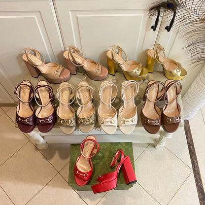 GG HORSEBIT PLATFORM SANDAL IN WINE RED SHEEPSKIN