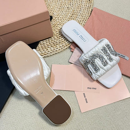 Women's White Leather Diamond Slippers