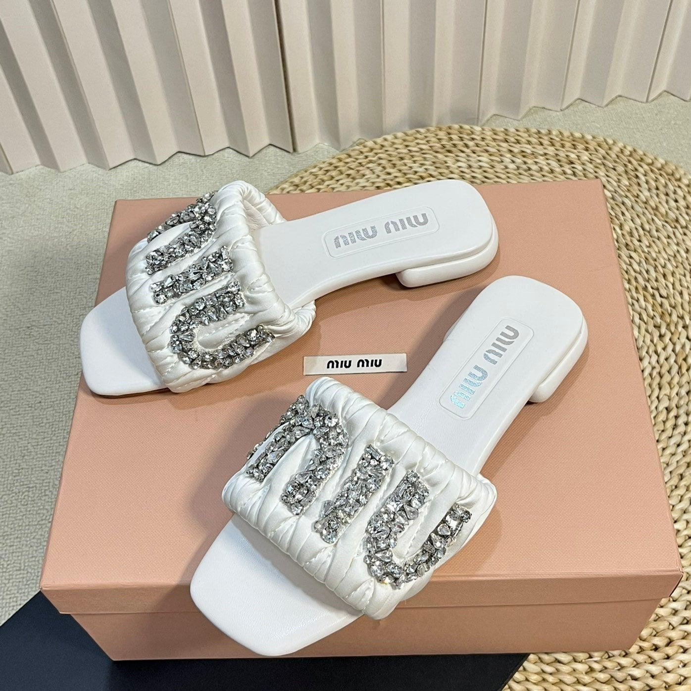 Women's White Leather Diamond Slippers