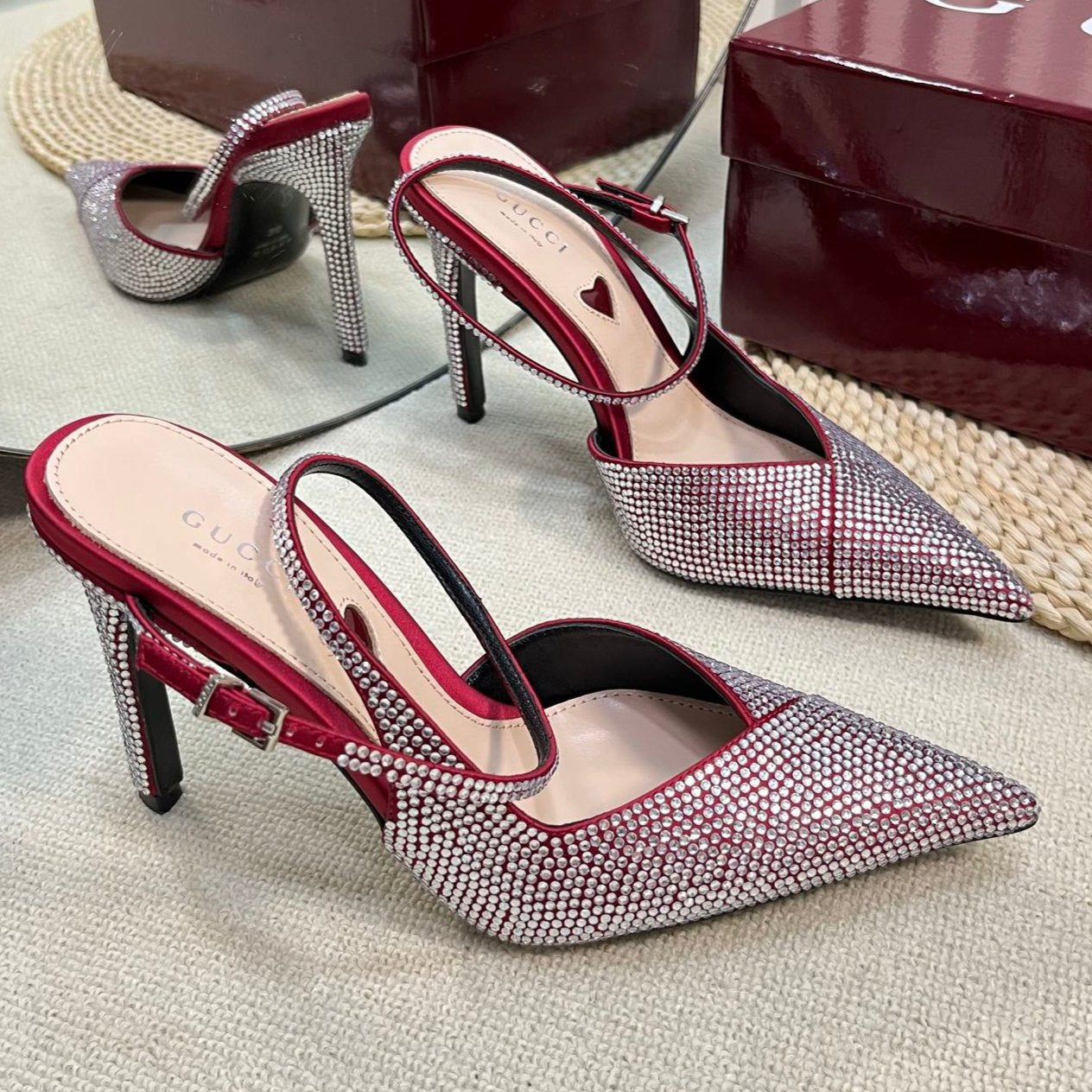 HIGH SLINGBACK 10 CM IN CHERRY RED SILK WITH FULL RHINSTONES