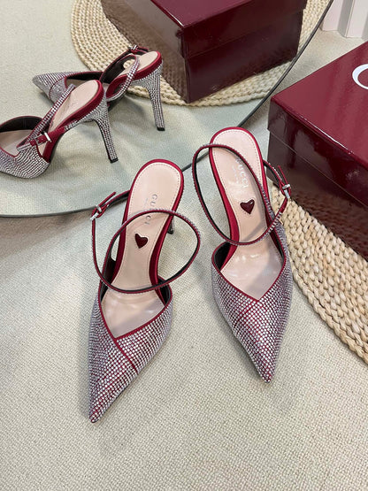 HIGH SLINGBACK 10 CM IN CHERRY RED SILK WITH FULL RHINSTONES