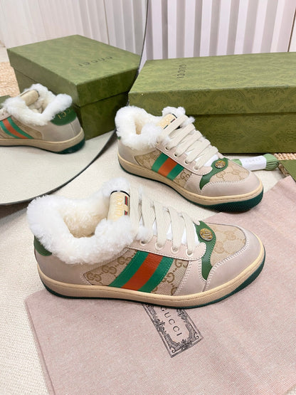 SNEAKER WITH WEB IN BEIGE GREEN FABRIC MIX SUEDE AND LAMB WOOL LINING