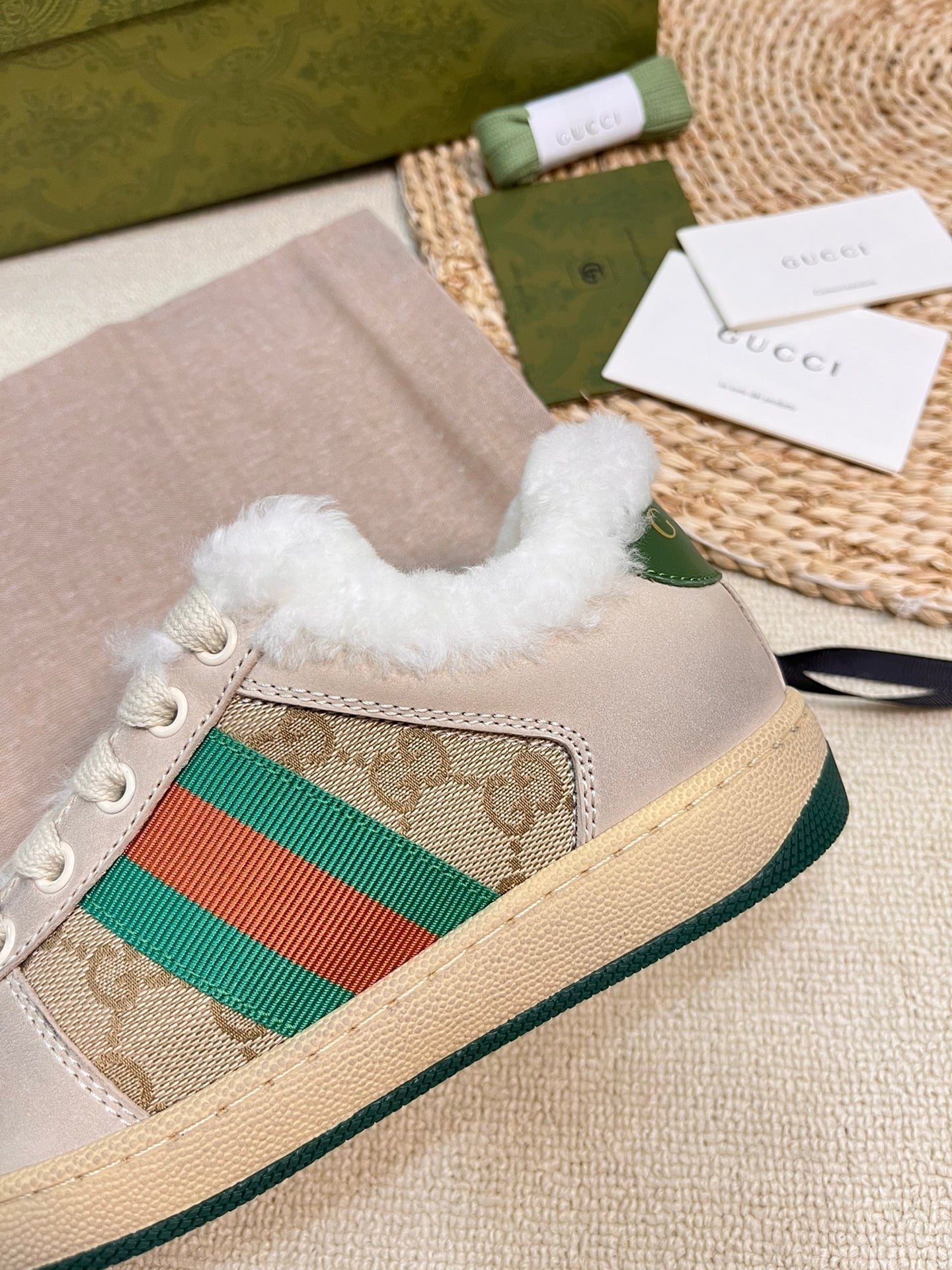 SNEAKER WITH WEB IN BEIGE GREEN FABRIC MIX SUEDE AND LAMB WOOL LINING
