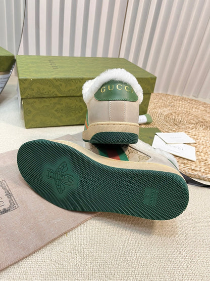 SNEAKER WITH WEB IN BEIGE GREEN FABRIC MIX SUEDE AND LAMB WOOL LINING