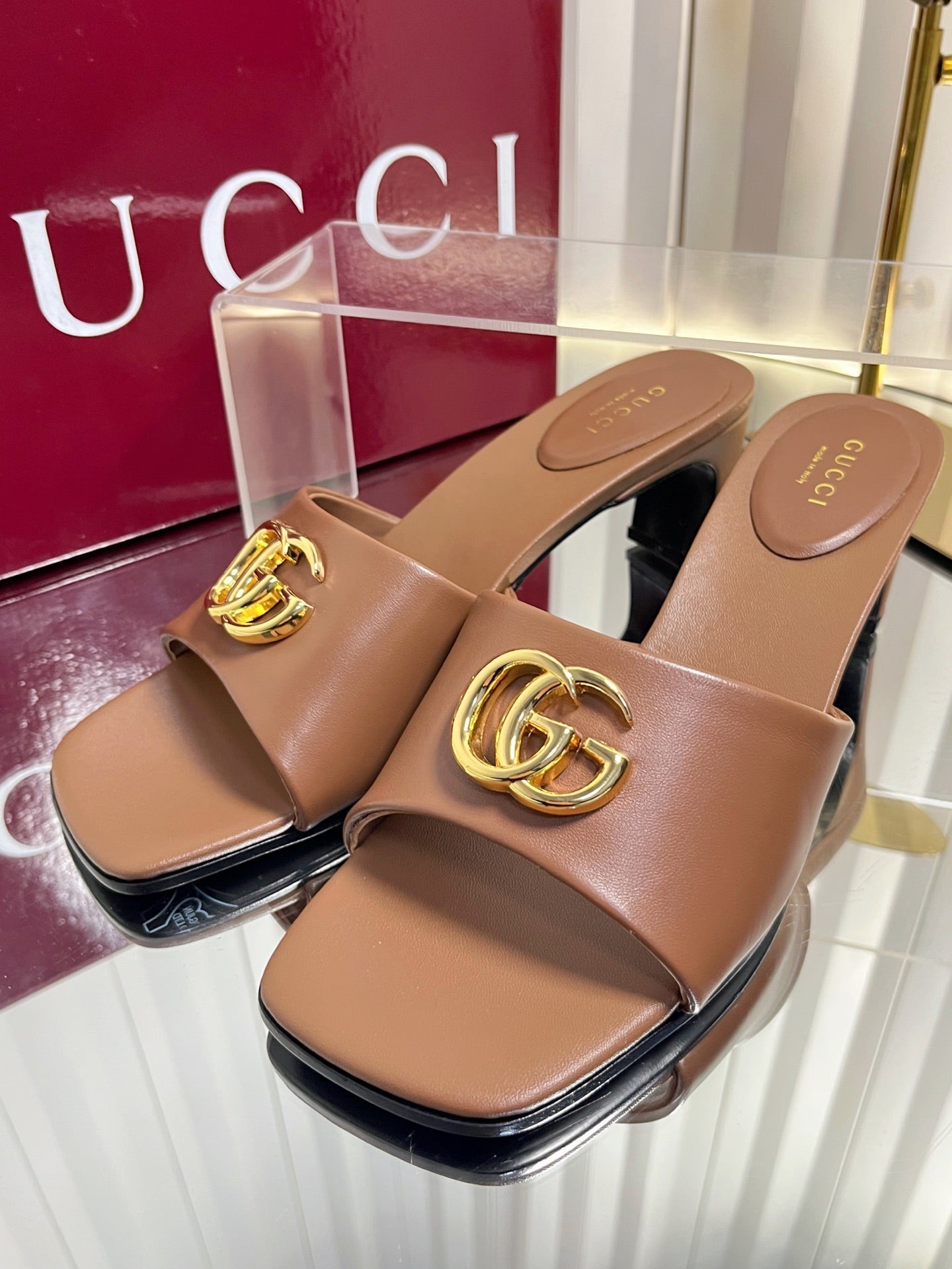 GUCCI 26S HIGH-HEELED SANDALS 45 MM IN BROWN CALFSKIN
