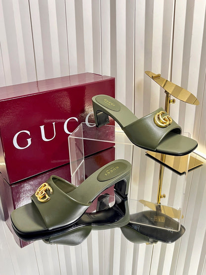GUCCI 26S HIGH-HEELED SANDALS 45 MM IN MOSS GREEN CALFSKIN