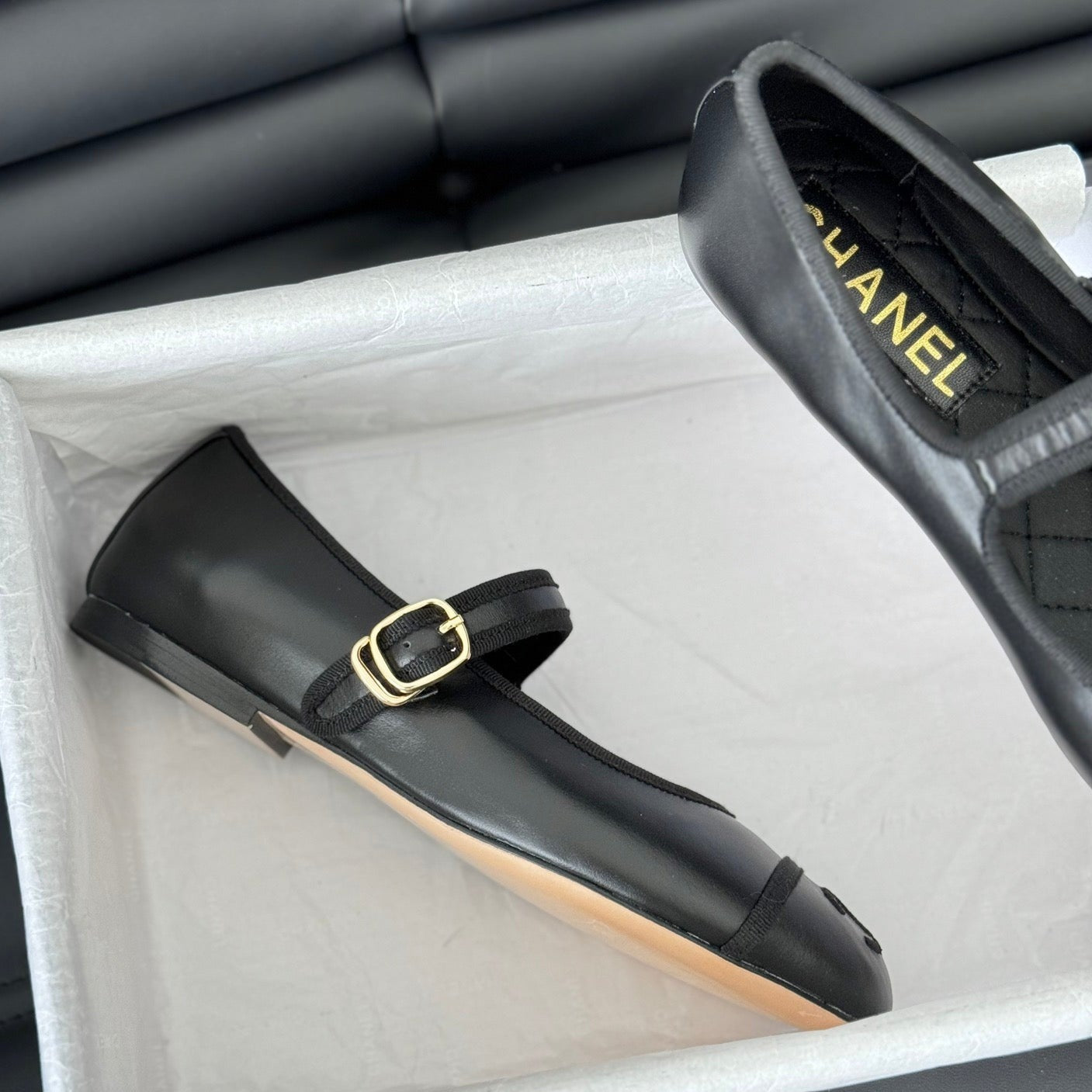 Double C Marry Jane Shoes Black Lambskin