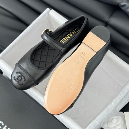 Double C Marry Jane Shoes Black Lambskin