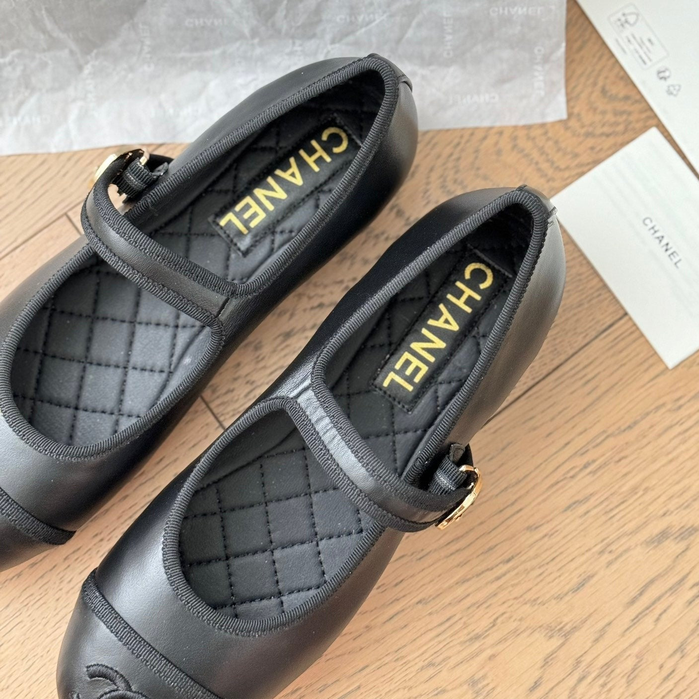 Double C Marry Jane Shoes Black Lambskin