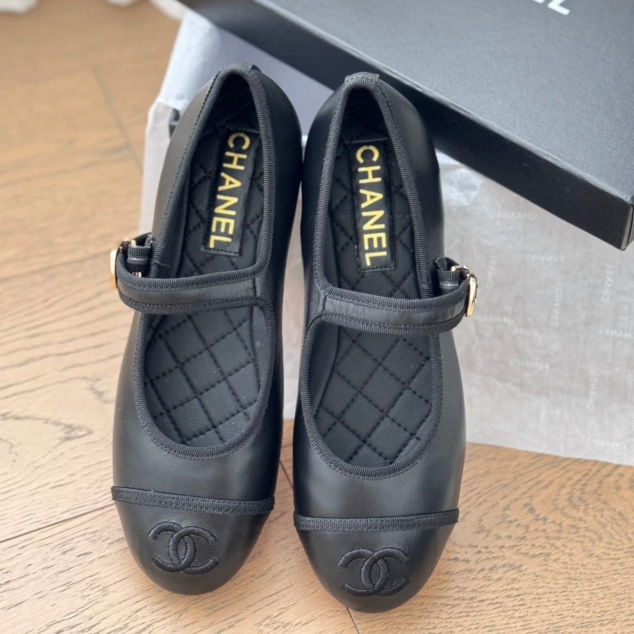 Double C Marry Jane Shoes Black Lambskin