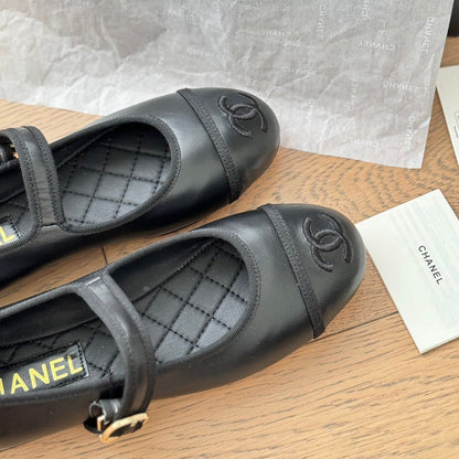 Double C Marry Jane Shoes Black Lambskin