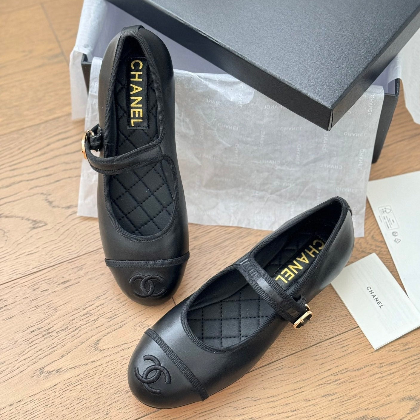 Double C Marry Jane Shoes Black Lambskin