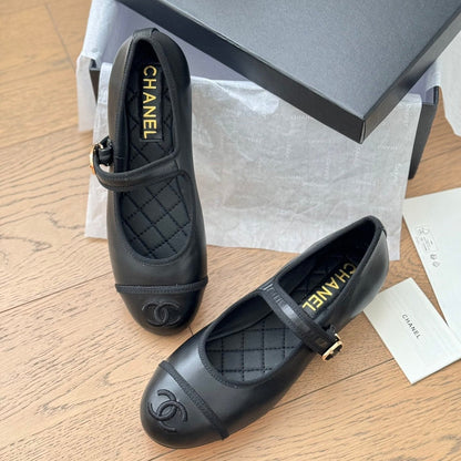 Double C Marry Jane Shoes Black Lambskin