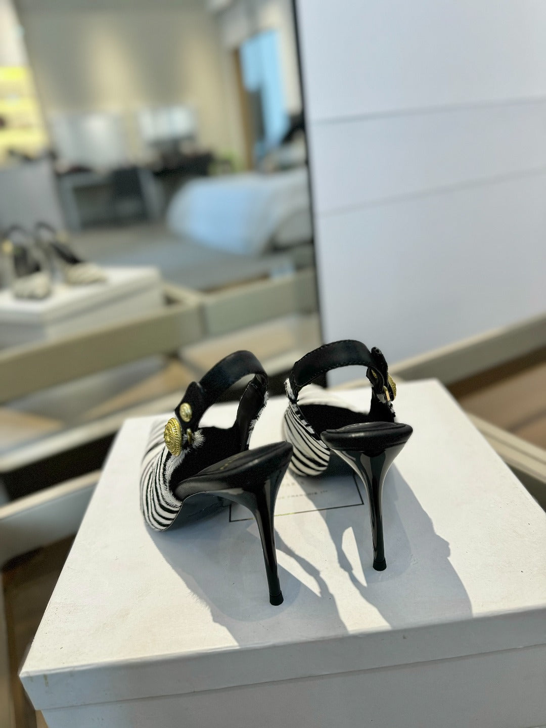 BALMAIN 25S SLINGBACK EVA 95MM IN WHITE AND BLACK ZEBRA PRINT CALFSKIN