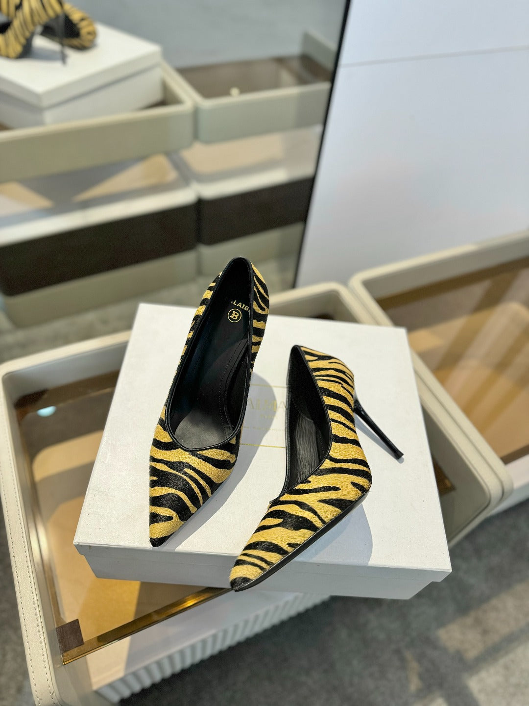 BALMAIN 25S HIGH HEELS 95MM IN YELLOW AND BLACK ZEBRA PRINT CALFSKIN