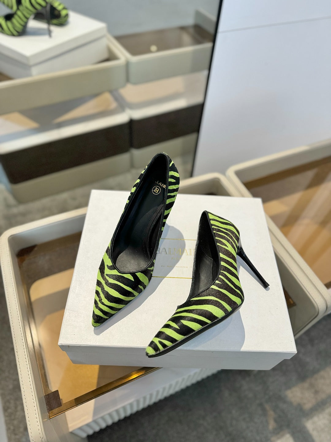 BALMAIN 25S HIGH HEELS 95MM IN GREEN AND BLACK ZEBRA PRINT CALFSKIN