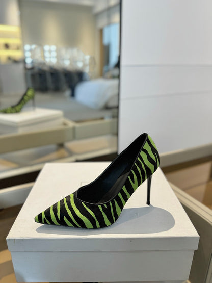BALMAIN 25S HIGH HEELS 95MM IN GREEN AND BLACK ZEBRA PRINT CALFSKIN