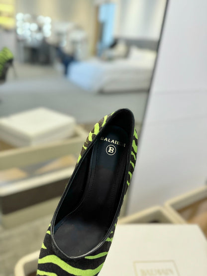 BALMAIN 25S HIGH HEELS 95MM IN GREEN AND BLACK ZEBRA PRINT CALFSKIN