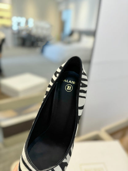 BALMAIN 25S HIGH HEELS 95MM IN WHITE AND BLACK ZEBRA PRINT CALFSKIN