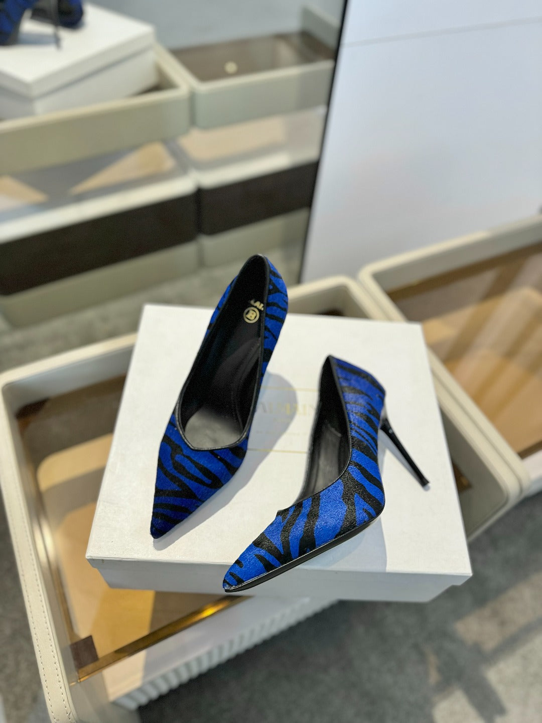 BALMAIN 25S HIGH HEELS 95MM IN BLUE AND BLACK ZEBRA PRINT CALFSKIN