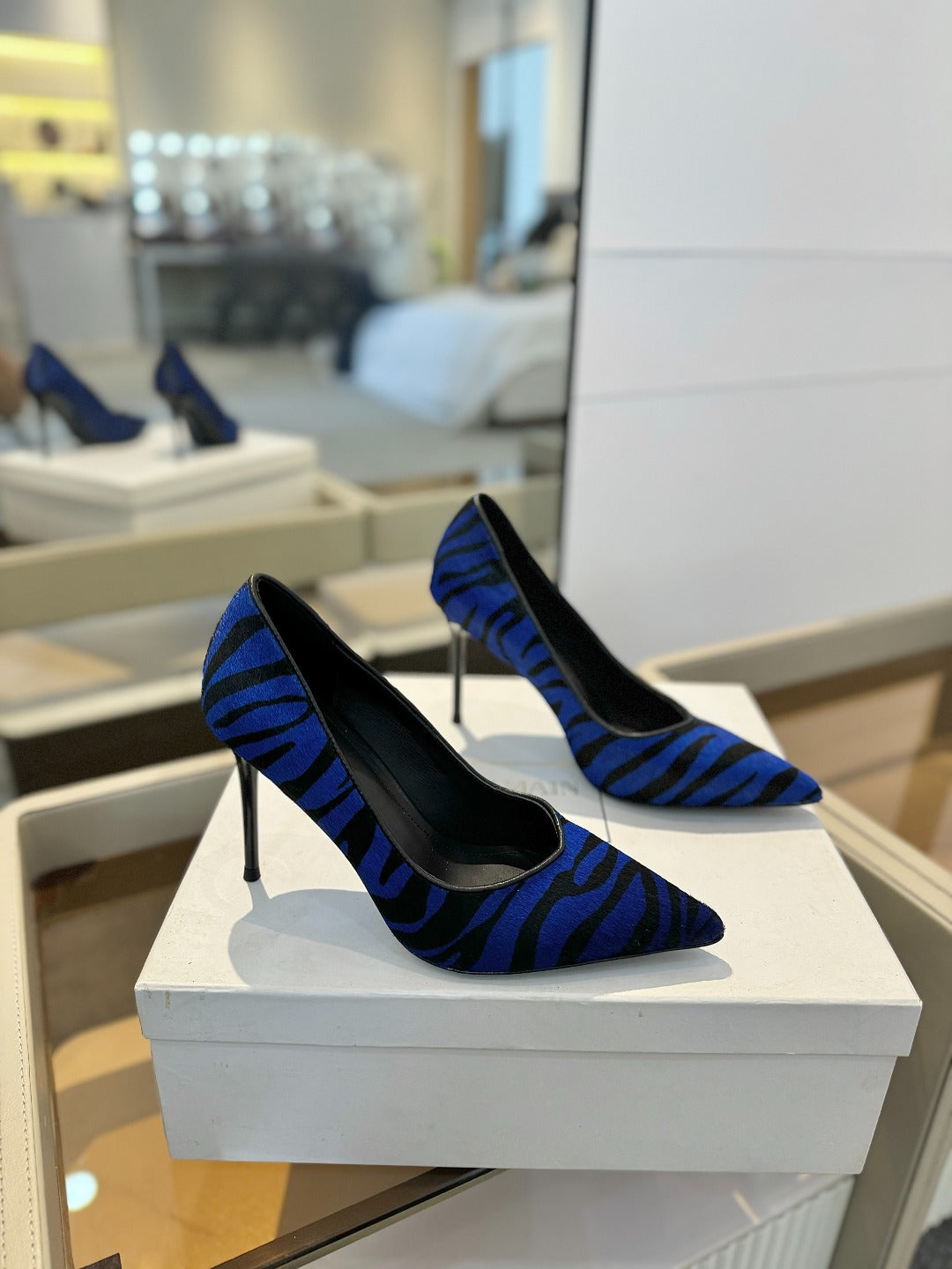 BALMAIN 25S HIGH HEELS 95MM IN BLUE AND BLACK ZEBRA PRINT CALFSKIN