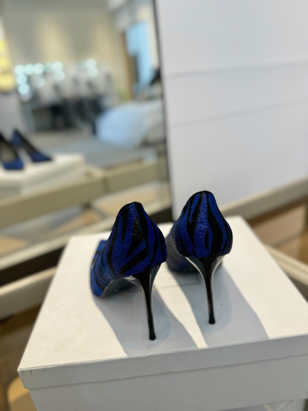 BALMAIN 25S HIGH HEELS 95MM IN BLUE AND BLACK ZEBRA PRINT CALFSKIN