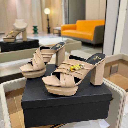 BALMAIN 25S WEDGE HEEL SANDALS 100MM IN NUDE CALFSKIN